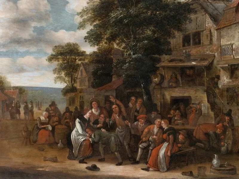 1678-Rutger Verburg - Una scena di paese con festaioli fuori da una locanda